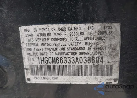 2003 Honda Accord 3.0 Lx из США, поврежденный, VIN 1HGCM66333A038604